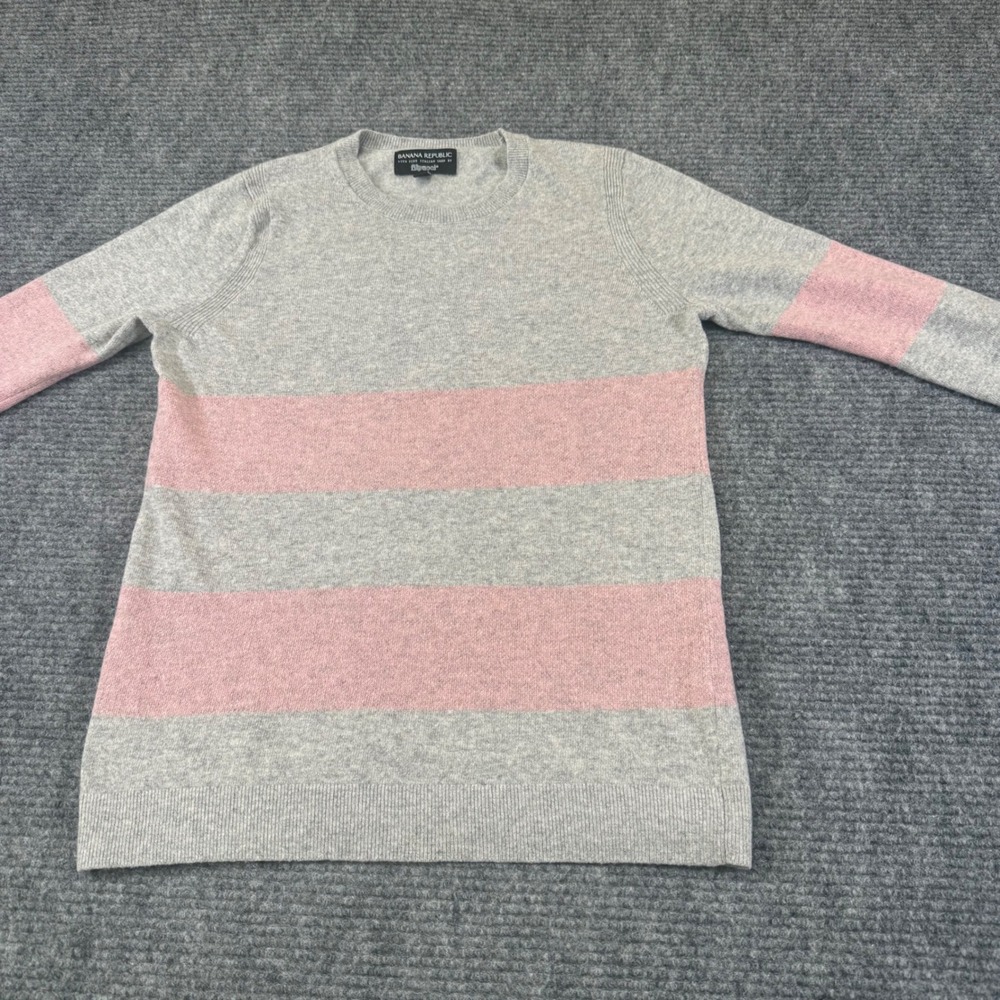 Banana Republic Striped Crew Neck Sweater Pink Grey Fine Italian‎ Yarn Women M